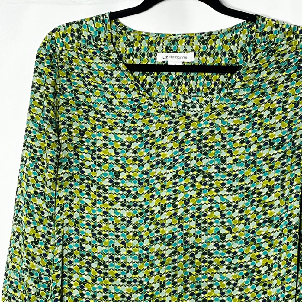 Liz Claiborne Womens Green Geometric Mosaic V-Neck 3/4 Sleeve Blouse Size S - Picture 3 of 8